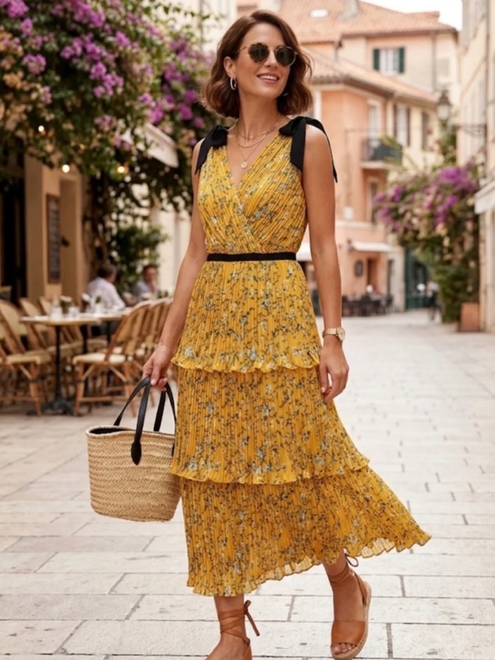 Lulu's “Such Sophistication” Floral Tiered Maxi Dress with Black Trim Accents